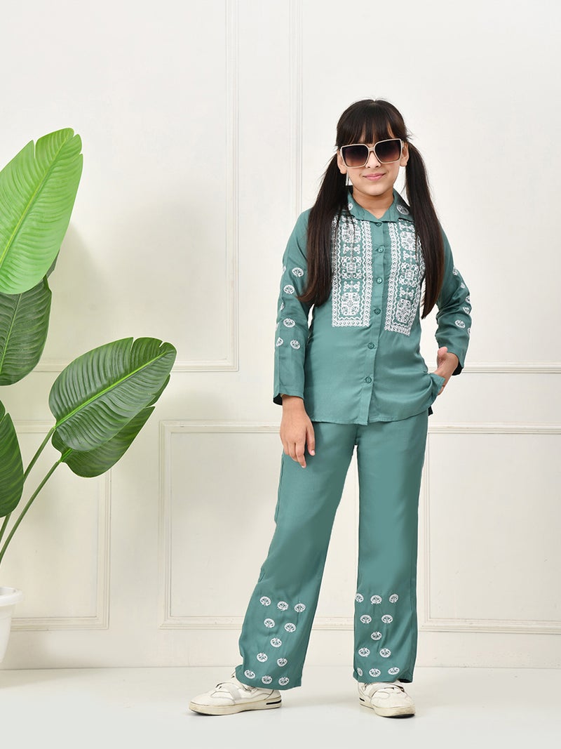 Cotton Woven Full Sleeves Embroidered Top & Pant Set - Green for Girls
